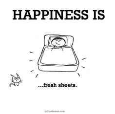 a black and white drawing of a person in a bed with the words happiness is