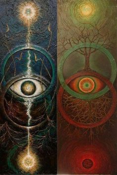 three different paintings with an eye and tree in the middle, one is surrounded by two circles