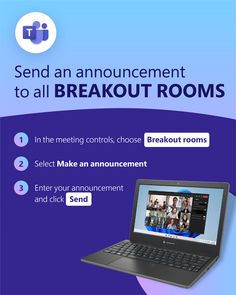 a laptop computer sitting on top of a blue and purple cover with the words send an announcement to all breakout rooms
