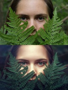 two photos with the same person's face and leaves in front of her eyes