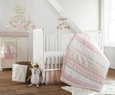 The Levtex Baby Delia 5 Piece Crib Bedding Set is a Babies R Us exclusive! This Blush and Gold Set features a variety of Woodland themed patterns, artistically pieced together to inspire the beauty of the great outdoors. Girl Nursery Bedding, Girl Cribs, Baby Nursery Themes, Girl Crib Bedding Sets, Baby Girl Crib Bedding Sets, Crib Bedding Girl