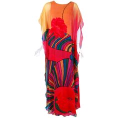 1970's Hanae Mori Couture Psychedelic Rainbow Print Silk-Chiffon Caftan Gown 1stdibs Fashion, Hanae Mori, Fashion 1970s, Jazz Dance Costumes, Couture Vintage, 1900s Fashion, Vintage Closet, Evening Dresses Vintage, Rainbow Print