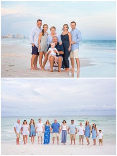 a family poses on the beach in front of the ocean for an extended photo session