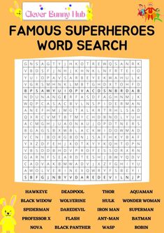 the famous superheros word search is shown in this poster, which includes words and pictures