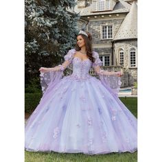 This Fairytale Gown Is A Dream Come True! This Quinceaera Ball Gown Features A Romantic Sweetheart Neckline And It Has Some Princess Like Sleeves To Make It Look More Magical. The Bodice Features Crystal Beading And Three-Dimensional Floral Appliques That Sparkle And Shine In A Stunning Way. The Waistline Hits The Natural Waist Of The Wearing, Creating A Stunning Silhouette. The Skirt Is Made Of Layers Of Sparkle Tulle, Which Gives The Dress Stunning Movement And Texture. This Dress Is Nothing S Quince Dresses, Rapunzel, Quinceanera Dresses Blue, Quince Dress, Purple Quinceanera Dresses, Lilac Quinceanera Dresses, Pretty Quinceanera Dresses, Quinceanera Dresses, Quinceanera Themes Dresses