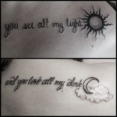 two pictures of the same tattoo with words on it and an image of a sun