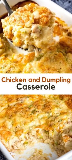 chicken and dumpling casserole in a white dish