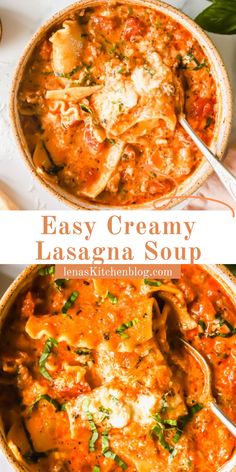 creamy lasagna soup in a bowl with spoons
