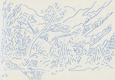 a drawing of trees and mountains in blue ink