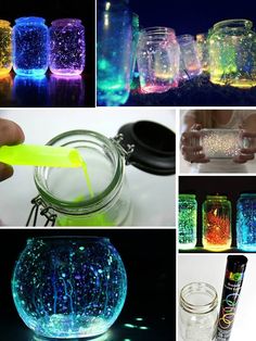 several different types of glass jars with glow in the dark inside and outside, including one being filled with colored liquid