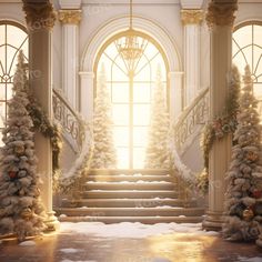 a staircase decorated with christmas trees and garlands in front of an open window at sunset