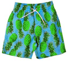 Pineapple Print In Green On Blue Swim Trunks. Boardshorts with pineapples green on blue made from fabrics which stay vibrant throughout the summer. Shop now Bikinis, Kids Beachwear, Pineapple Bathing Suit, Cute Bathing Suits, Beachwear, Boys Swim Shorts, Swim Trunks, Beach Wear Outfits