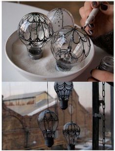 three different pictures of light bulbs hanging from the ceiling, and one is being suspended by chains