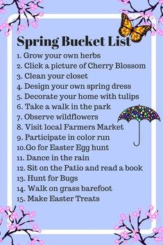 a spring bucket list with pink flowers and butterflies