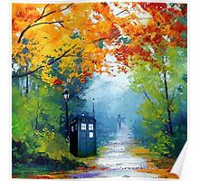 a painting of a phone booth in the woods