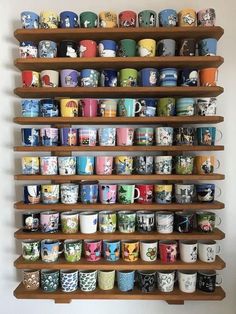 a shelf filled with lots of different kinds of coffee mugs on it's sides