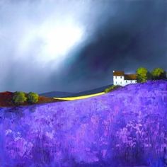 a painting of a house on a hill covered in purple flowers under a stormy sky