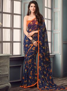 Navy Blue Georgette Saree With Blouse 133064 Diwali, Saree Blouse Neck Designs, Saree Blouse Designs Latest