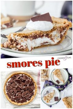 there are pictures of different desserts and pies on the table with text overlay that says smores pie