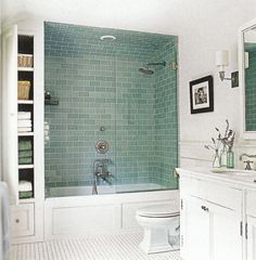 Switching to shower over tub means we can add storage at the end of the tub Bath, Tub Shower Combo, Bathroom Tub Shower Combo, Bathroom Tub Shower, Bathtub Shower Combo, Shower Tub, Bathtub Shower, Bathroom Tub, Contemporary Bathtubs