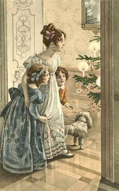 an old fashioned postcard with two women and a child