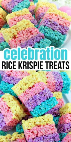 rice krispie treats are stacked on top of each other with the words celebration rice krispies