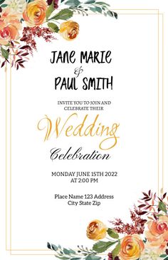 an elegant wedding card with flowers and leaves