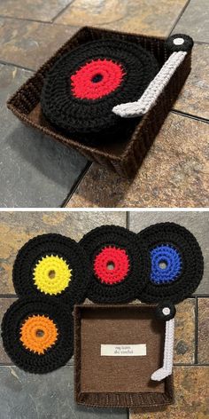 crocheted coasters made to look like old records with different colors and sizes
