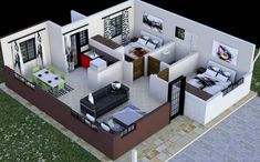 an aerial view of a three bedroom house with living room, dining and kitchen areas