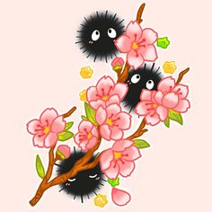 two black birds sitting on top of pink flowers