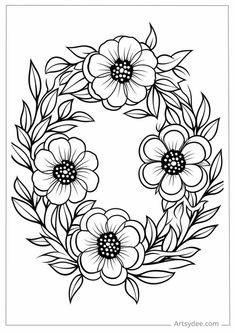 a flower wreath with leaves and flowers on it, in black and white coloring pages