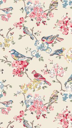 a floral wallpaper with birds and flowers on the side, in pastel colors