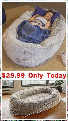 a dog bed with a woman sleeping in it