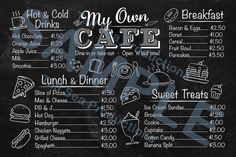 the menu for my own cafe on a chalkboard with white lettering and black background