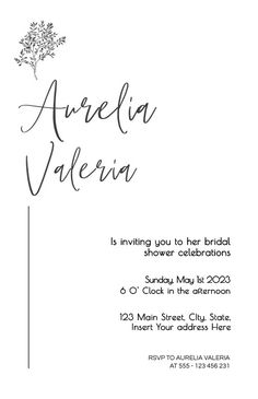 an elegant bridal shower party card with the words,'avaella valein is inviting you to her bridal shower celebrations '