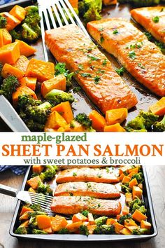 sheet pan salmon with sweet potatoes and broccoli on the side, in a baking dish