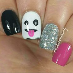 “Ghost Emoji Mani ✨Nails by @nailstorming ✨Polish: OPI 'Who Are You Calling Bossy!?!' & Suzi Has a Swede Tooth' from @hbbeautybar Use her code to get…” Emoji, Trendy