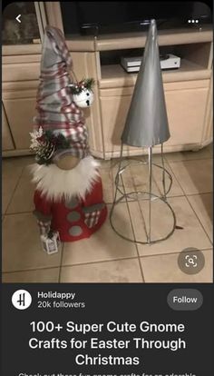 a gnome statue sitting on top of a kitchen counter next to a christmas decoration cone