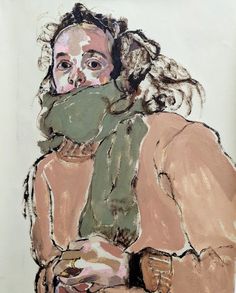 a painting of a woman holding a hot dog in her right hand and wearing a scarf around her neck