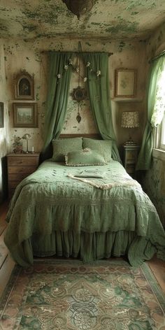 a bedroom with green bedding and curtains