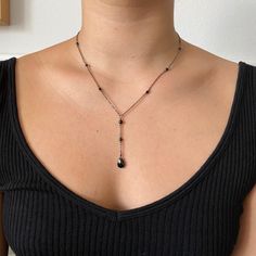 Elegant black onyx tear drop pendant with small black crystal beads on a gunmetal grey chain. Also available on a gold plated chain. Bijoux, Piercing, Silver Necklaces, Silver Drop Necklace, Onyx Necklace, Jewelry Necklaces, Necklace Lengths, Long Pendant Necklace, Black Necklace