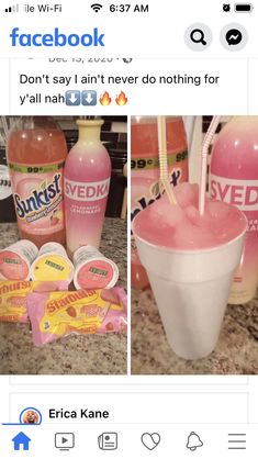 two pictures with drinks and snacks on the counter, one has a straw in it