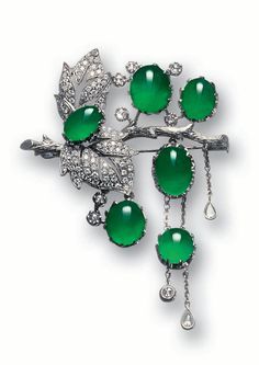 JADEITE AND DIAMOND BROOCH. Designed as a textured branch consisting of two diamond-set leaves, supporting six highly translucent jadeite cabochons of emerald green colour, highlighted by rose-cut diamonds, the articulated cabochons further suspending tassels of collet-set rose-cut diamonds, mounted in 18 karat blackened gold. Cabochons approximately 9.78 x 7.02mm to 11.44 x 9.65mm. Jade Jewelry, Diamond Brooch, Ring, Gems Jewelry