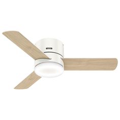 a white ceiling fan with two wooden blades and a light on the top of it