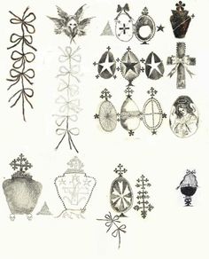 several different designs and shapes on a white paper with black ink in the middle,