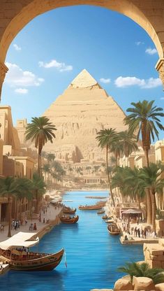 an egyptian city with boats and pyramids on the river, surrounded by palm trees