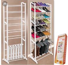 the shoe rack is white and has several pairs of shoes on it's shelves