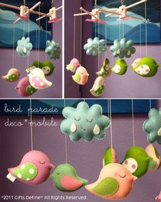 three different pictures of stuffed animals hanging from clothes pins in the shape of clouds and birds