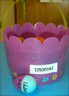 an easter basket filled with eggs on top of a table
