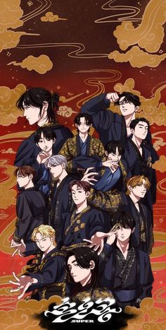 an anime poster with many people in black and gold outfits, all looking at the same direction